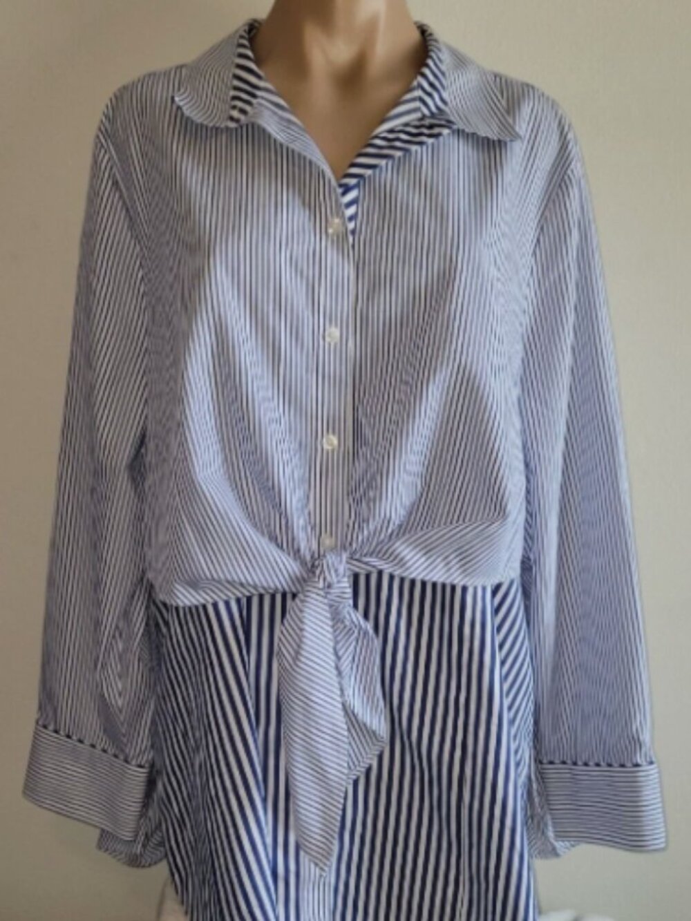 Chico's Blue Striped Cotton Tie Front Long Sleeve Tunic Button Up - Size 2